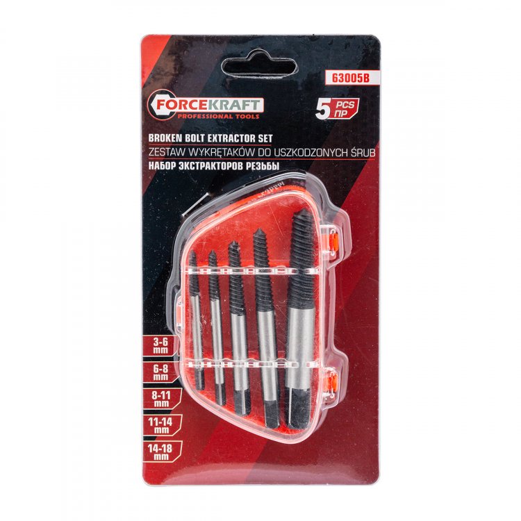 Набор экстракторов резьбы 5пр.(М3-М18; Ø:3-6мм, 6-8мм, 8-11мм, 11-14мм, 14-18мм; "мелкий шаг"), в пластиковом футляре