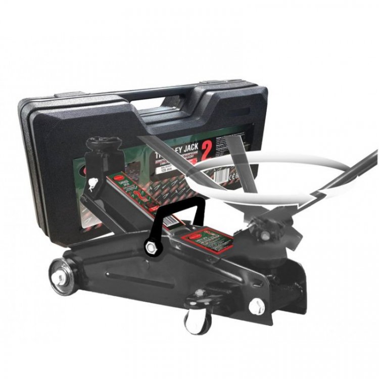 Домкрат подкатной гидравлический 2 т с вращающейся ручкой 180° и резиновой накладкой (h min 140мм, h max 340мм,вес 10 кг) в кейсе Домкрат подкатной гидравлический 2 т с вращающейся ручкой 180° и резиновой накладкой (h min 140мм, h max 340мм,вес 10 кг) в кейсе