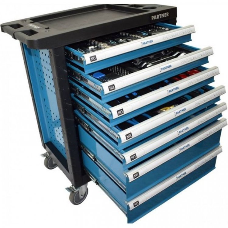 Тележка инструментальная 7-и полочная(синяя) укомплектованная инструментом 220пр с пластиковой защитой корпуса+2 боковые перфорации