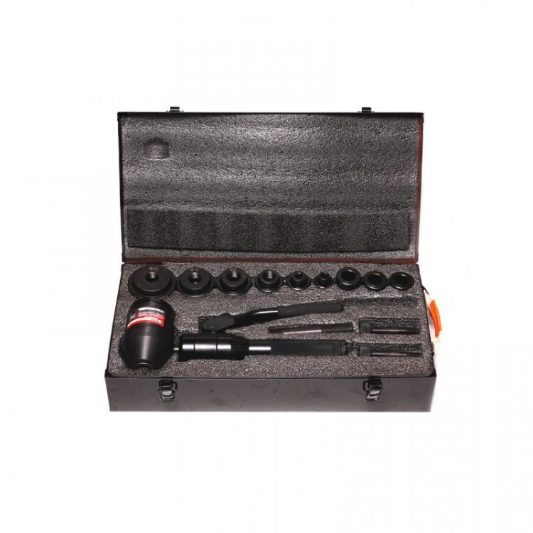 Пробойник гидравлический ручной поворотный11т (Ø22, 27.5, 34, 43, 49, 60мм; сталь нерж.-1.6мм; медь/алюм.-3.2мм,ход штока-20мм), в кейсе