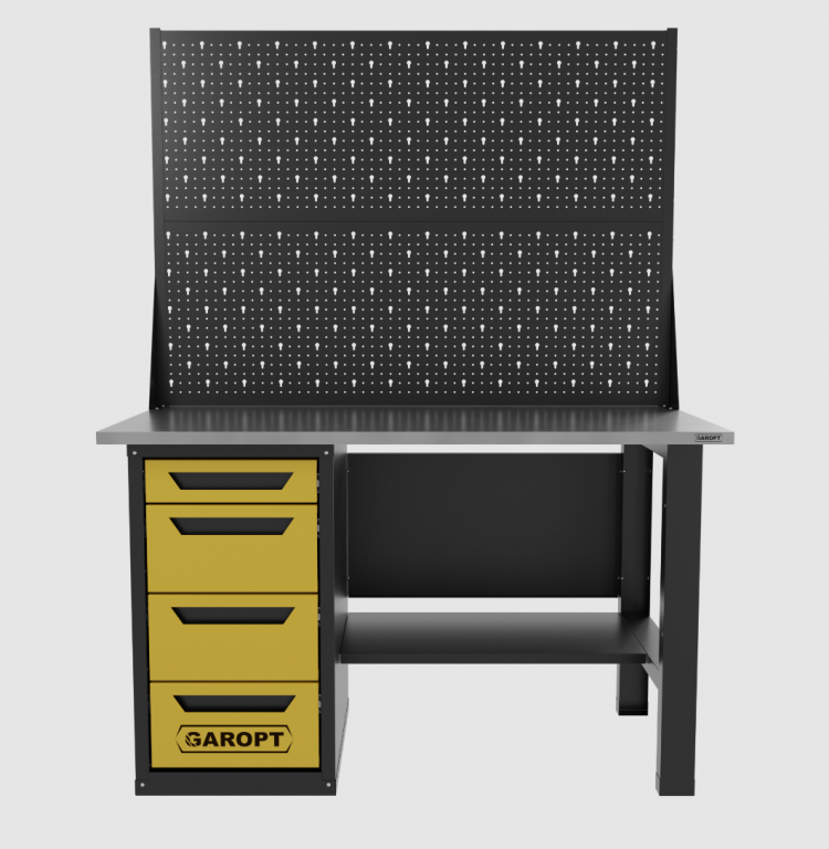 Верстак однотумбовый 4 ящика с двумя экранами, желтый 1400*700 Garopt, GT1400STY4PP2.yell