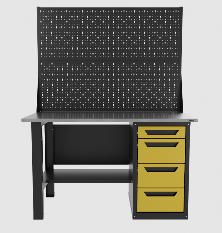 Верстак однотумбовый 4 ящика с двумя экранами, желтый 1400*700 Garopt, GT1400STY4PP2.yell