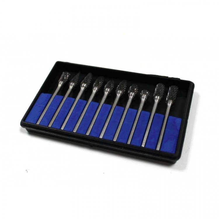 Набор шарошек металлических разнопрофильных по металлу "PROFI" 10пр.(Ø хвостовика 3мм),в пластик. футляре Набор шарошек металлических разнопрофильных по металлу "PROFI" 10пр.(Ø хвостовика 3мм),в пластик. футляре