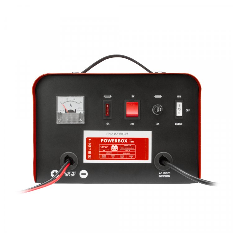 Зарядное устройство KVAZARRUS PowerBox 10M - Напряж. питан. - 220В/50Гц, потреб.ток - 2А, Заряж.аккум 12/24В, АЧ 20-90, ток заряд 4А-7А, напряж.заряда 12/24: 14.5-14.8/29-29.6, ток запуска 12/24 - НЕТ, защита от перегрева, темп.-20С - +40С, длина с Зарядное устройство KVAZARRUS PowerBox 10M - Напряж. питан. - 220В/50Гц, потреб.ток - 2А, Заряж.аккум 12/24В, АЧ 20-90, ток заряд 4А-7А, напряж.заряда 12/24: 14.5-14.8/29-29.6, ток запуска 12/24 - НЕТ, защита от перегрева, темп.-20С - +40С, длина с