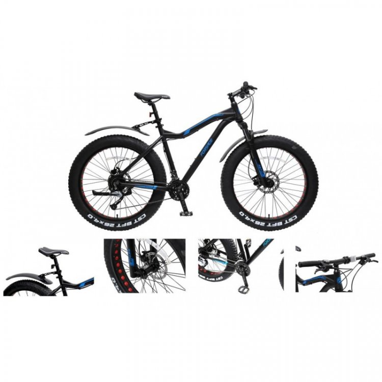 Велосипед Фэтбайк Riot-x(рамаAl 6061;колесо26";пер/зад покр.4"; 27скоростей Shimano Acera,вилка RST Guid;тормозаTektro;седло Velo;рост до190см;черный)