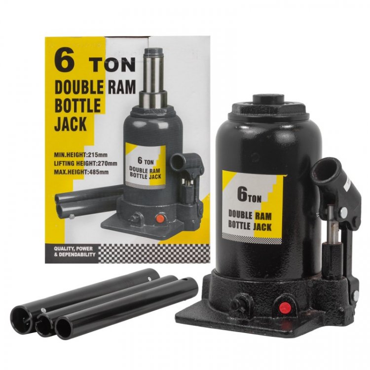 Домкрат бутылочный двухштоковый  6т с клапаном (h min-215мм, h max-485мм, ход штока-270мм) Домкрат бутылочный двухштоковый  6т с клапаном (h min-215мм, h max-485мм, ход штока-270мм)
