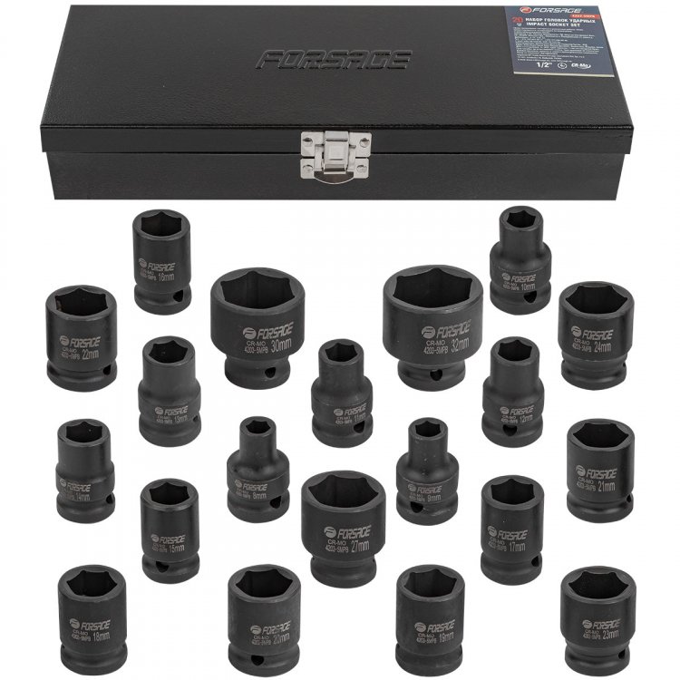 Набор головок ударных 20пр.,1/2"(8-24, 27, 30, 32мм), в металлическом кейсе