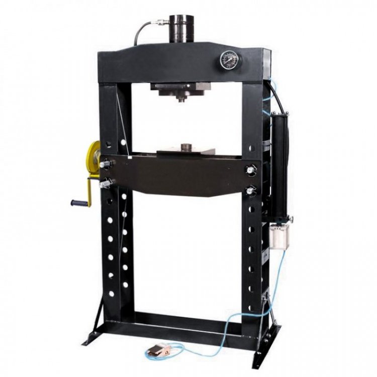 Пресс гидравлический с манометром напольный 75т, ручной/пневмо привод (раб. высота:0-900мм, раб. ширина:800мм, раб. стол:270х800мм,ход штока:240мм)