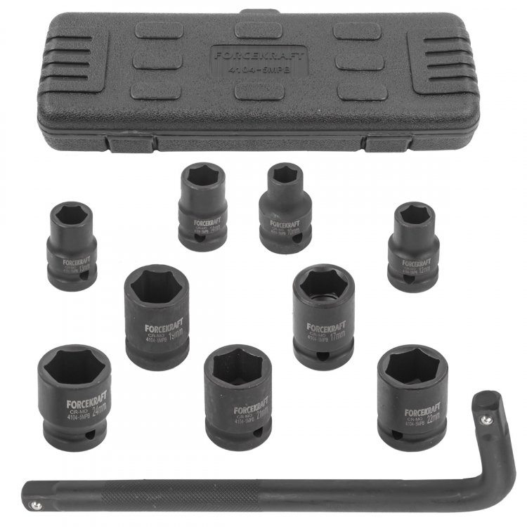 Набор инструментов ударных 1/2", 10пр.(10,12,13,14,17,19,21,22,24мм + вороток Г-образный), в кейсе