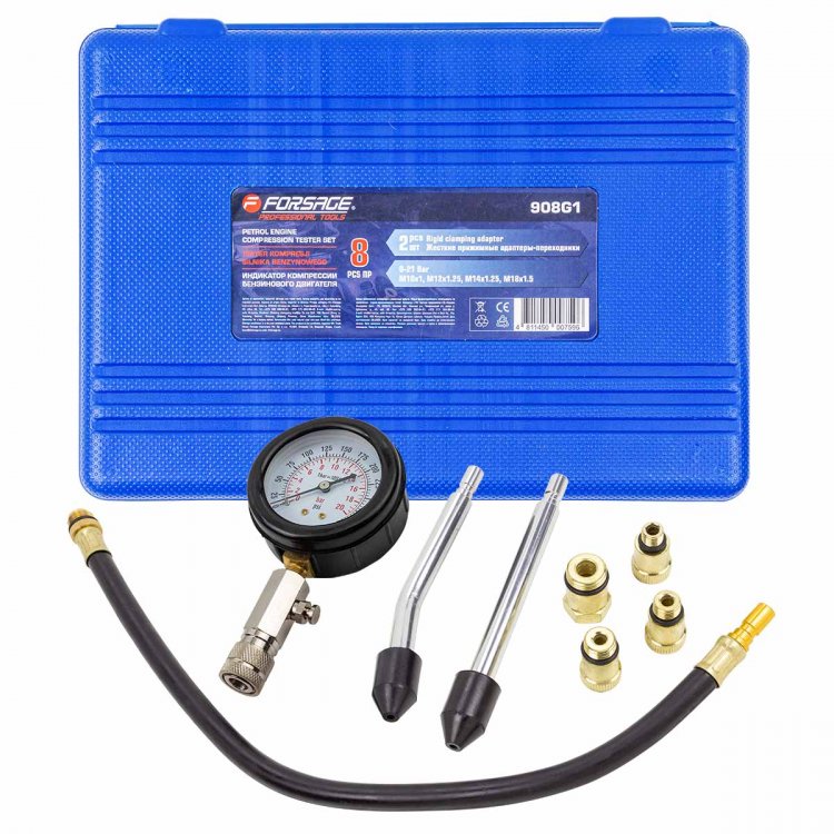 Индикатор компрессии бензинового двигателя Profi 8пр.(0-21Bar, М10, М12, М14, М18 + 2 жестких прижимных адаптера-переходника) , в кейсе