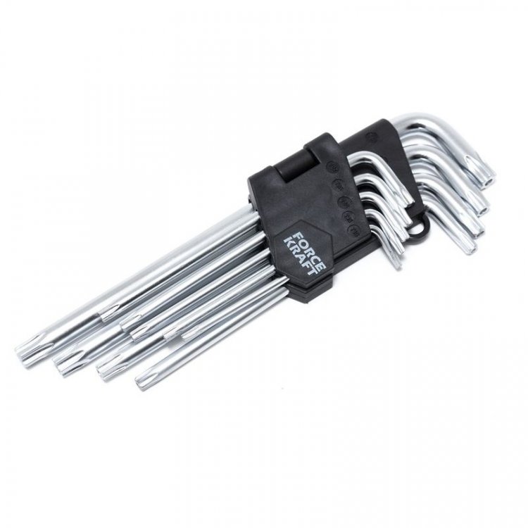 Набор ключей Г-образных TORX c отверстием CR-V, 9пр. (Т10,15,20,25,27,30,40,45,Т50), на пластиковом держателе