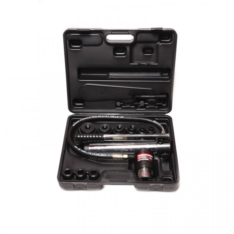 Пробойник гидравлический с литым насосом 11т (Ø22, 27.5, 34, 43, 49, 60мм; сталь нерж.-1.6мм; медь/алюм.-3.2мм,ход штока-22мм), в кейсе