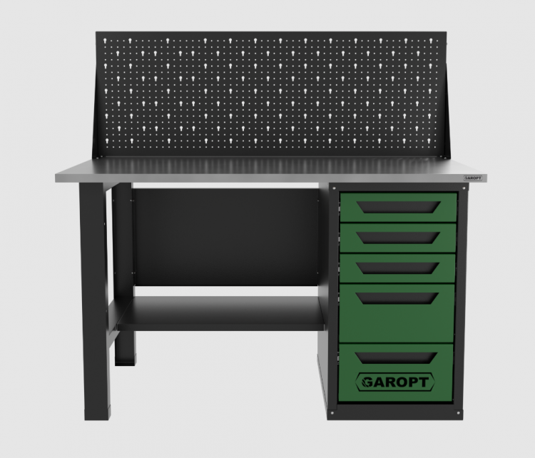 Верстак однотумбовый 5 ящиков с экраном, зеленый 1400*700 Garopt, GT1400STY5PP.green