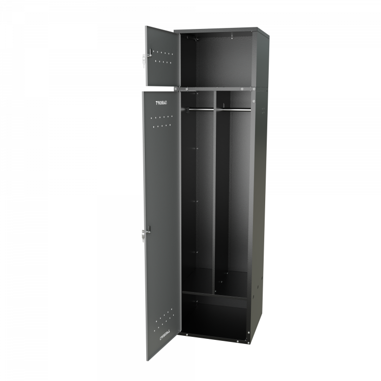 Шкаф для раздевалок GT205SHP.GREY (500мм х 500мм х 1936мм) СЕРЫЙ . Секция для обуви, двойная секция для курток с перекладиной под вешалки, верхняя антресоль с отдельным замком для головных уборов и сумок. Габариты упаковки 1630*540*155 мм (Д*Ш*В)