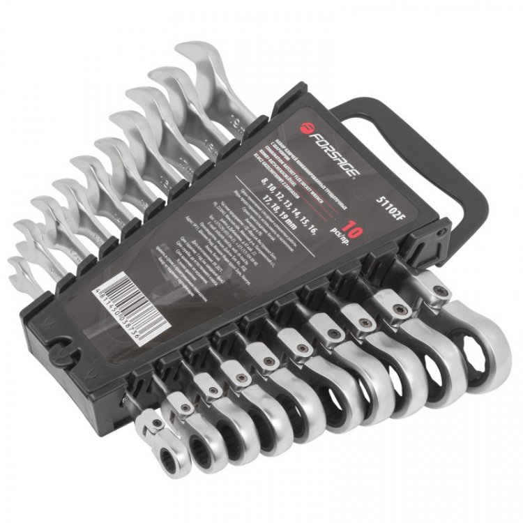 Ключи комбинированные трещоточные с шарниром (8,10,12-19мм), набор 10пр.