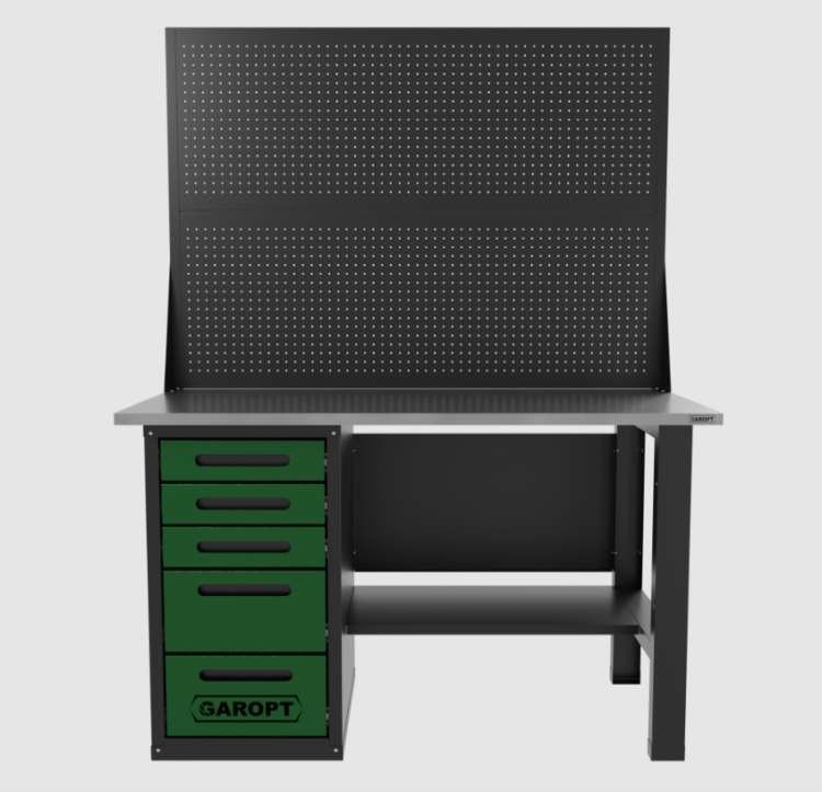 Верстак однотумбовый 5 ящиков с двумя экранами, зеленый 1400*700 Garopt, GT1400STY5PP2.green