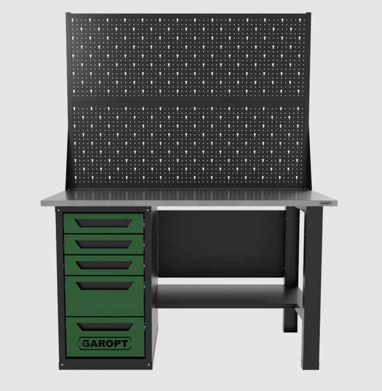 Верстак однотумбовый 5 ящиков с двумя экранами, зеленый 1400*700 Garopt, GT1400STY5PP2.green