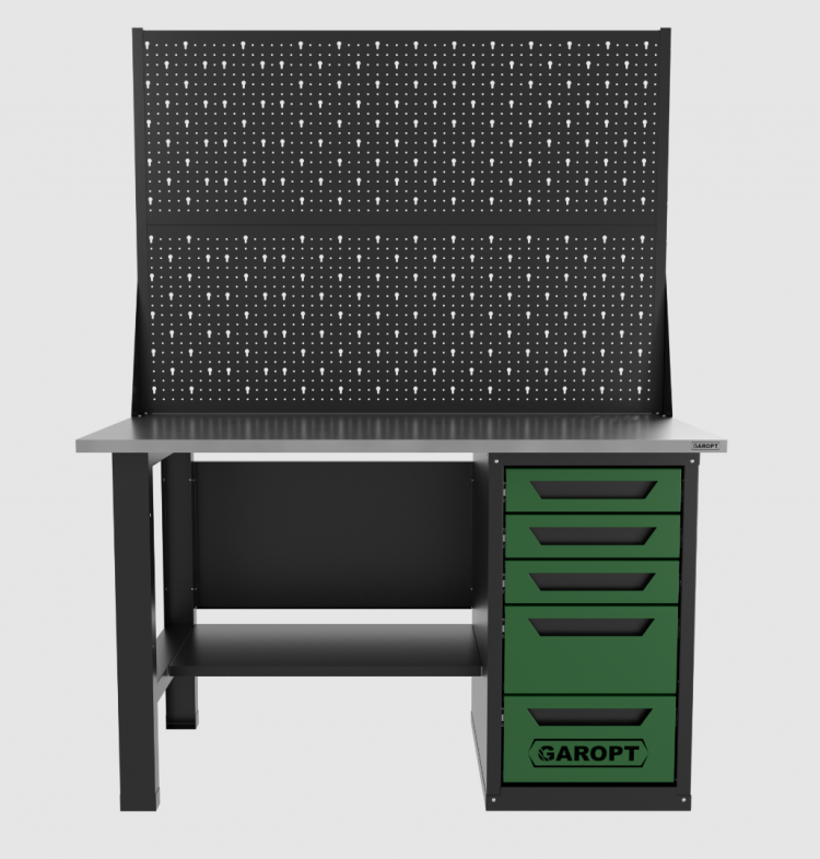 Верстак однотумбовый 5 ящиков с двумя экранами, зеленый 1400*700 Garopt, GT1400STY5PP2.green