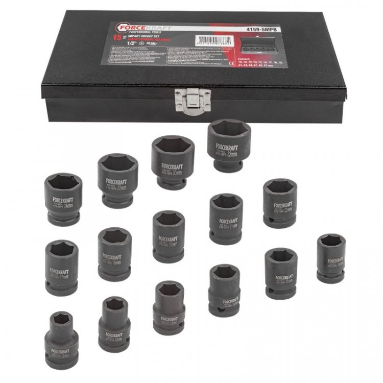 Набор головок ударных, 15пр. 1/2''6гр.(10,12,13,14,15,16,17,18,19,21,22,24,27,30,32мм),в метал. кейсе Набор головок ударных, 15пр. 1/2''6гр.(10,12,13,14,15,16,17,18,19,21,22,24,27,30,32мм),в метал. кейсе