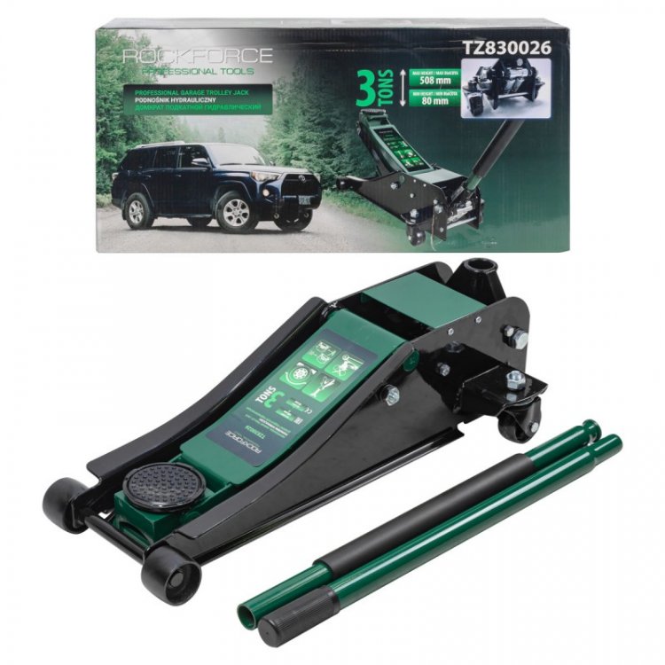 Домкрат подкатной гидравлический двухпоршневой 3т низкопрофильный с прорезиненной накладкой на рукоятке (h min 80мм, h max 508мм) Домкрат подкатной гидравлический двухпоршневой 3т низкопрофильный с прорезиненной накладкой на рукоятке (h min 80мм, h max 508мм)