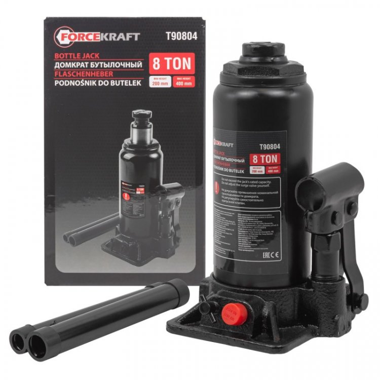 Домкрат гидравлический бутылочный, 8т (с предохранительным клапаном, минимальная высота: 190 мм, ход штока: 110 мм, ход винта: 60 мм, максимальная выс Домкрат гидравлический бутылочный, 8т (с предохранительным клапаном, минимальная высота: 190 мм, ход штока: 110 мм, ход винта: 60 мм, максимальная выс