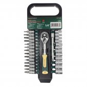 Набор головок и бит с трещоткой в пласт. держателе 28пр. 1/4" (4-14мм, 6-гран.) Набор головок и бит с трещоткой в пласт. держателе 28пр. 1/4" (4-14мм, 6-гран.)