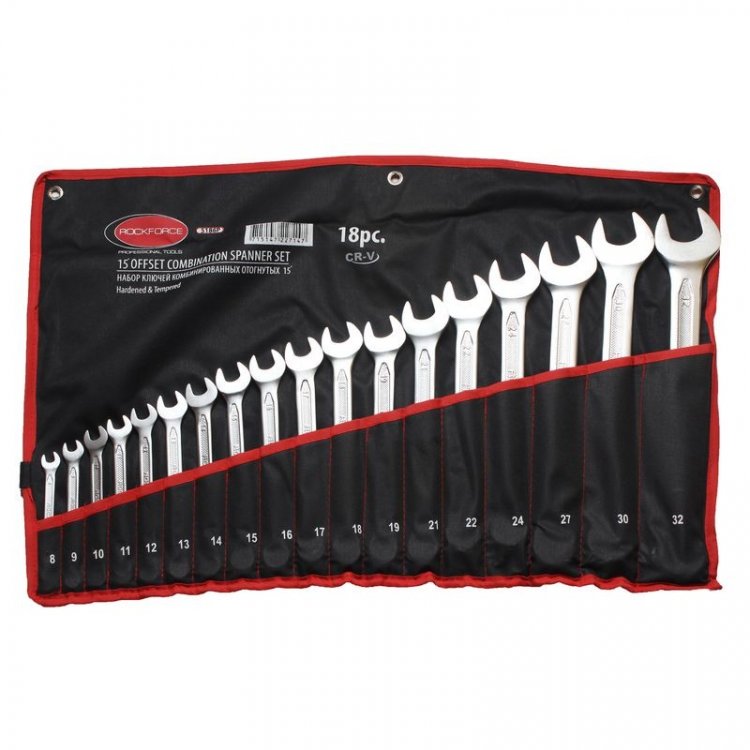 Набор ключей комбинированных 15грд., 18пр. (8-19, 21, 22, 24, 27, 30, 32мм), на полотне