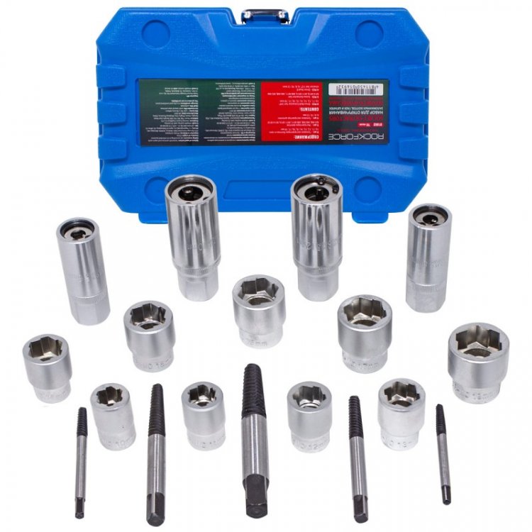 Набор для откручивания заломанных болтов, гаек и шпилек 18пр.(головки-экстракторы 10-17,19мм;экстракторы М3-М18;шпильковерты 6,8,10,12мм),в кейсе