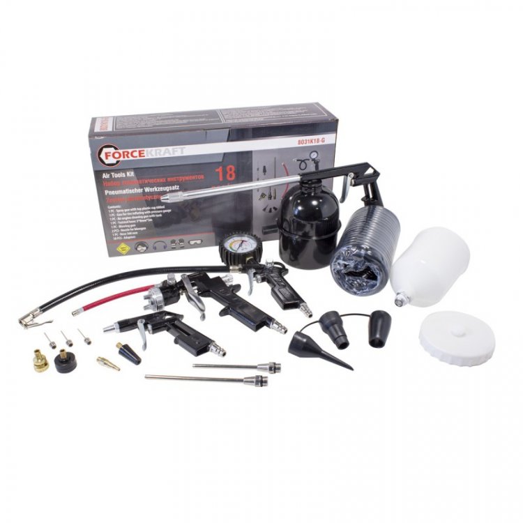 Набор пневмоинструмента 18пр.(краскопульт-сопло 1.5мм;обдувочник-сопла 110,140мм;подкачка+10 адаптеров и 1 шланг для подкачки;промывка;шланг 5м) Набор пневмоинструмента 18пр.(краскопульт-сопло 1.5мм;обдувочник-сопла 110,140мм;подкачка+10 адаптеров и 1 шланг для подкачки;промывка;шланг 5м)