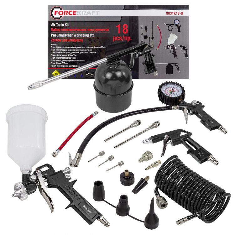 Набор пневмоинструмента 18пр.(краскопульт-сопло 1.5мм;обдувочник-сопла 110,140мм;подкачка+10 адаптеров и 1 шланг для подкачки;промывка;шланг 5м)