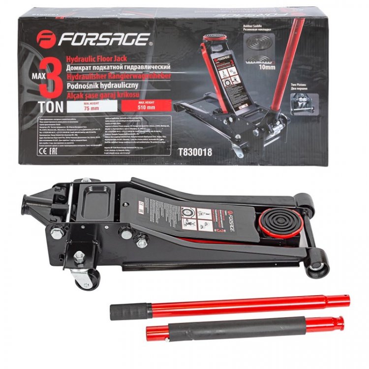 Домкрат подкатной гидравлический двухпоршневой 3т низкопрофильный с прорезиненной накладкой на рукоятке (h min 75мм, h max 510мм) Домкрат подкатной гидравлический двухпоршневой 3т низкопрофильный с прорезиненной накладкой на рукоятке (h min 75мм, h max 510мм)