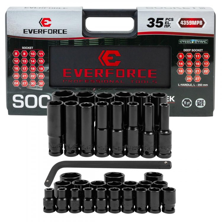 Набор головок ударных+вороток 35 пр. (короткие 38мм: 8-23, 24, 27, 30, 32мм, глубокие 78мм: 8,10,11, 13-19, 21, 22, 24, 27мм) в пласт.кейсе Набор головок ударных+вороток 35 пр. (короткие 38мм: 8-23, 24, 27, 30, 32мм, глубокие 78мм: 8,10,11, 13-19, 21, 22, 24, 27мм) в пласт.кейсе