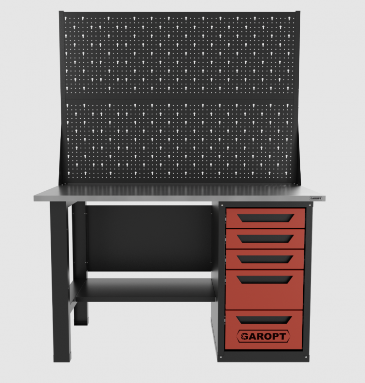 Верстак однотумбовый 5 ящиков с двумя экранами, красный 1400*700 Garopt, GT1400STY5PP2.red