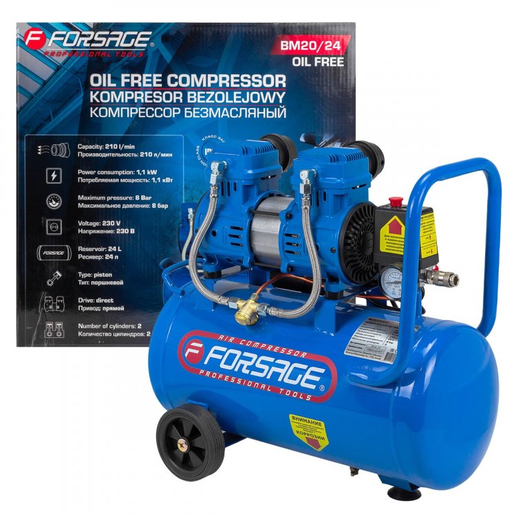 Компрессор поршневой с прямым приводом,2 цилиндра,безмасляный (ресивер 24л, 1.1 кВт, 8 бар, 210л/м, 230В) Компрессор поршневой с прямым приводом,2 цилиндра,безмасляный (ресивер 24л, 1.1 кВт, 8 бар, 210л/м, 230В)