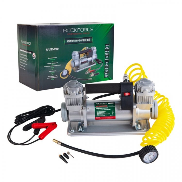 Компрессор поршневой автомобильный двухцилиндровый с сумкой RF-2014260 "ROCK FORCE" (150л/мин, 45А) 12V