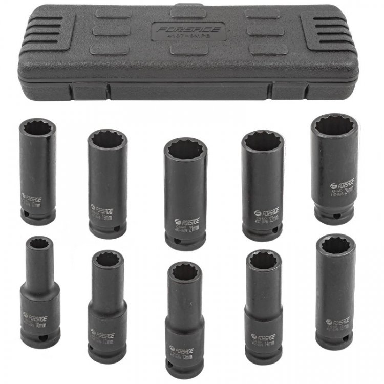 Набор головок ударных глубоких 10пр.,1/2" 12гр.(10,12-15,17,19,21,22,24мм), в пластиковом кейсе