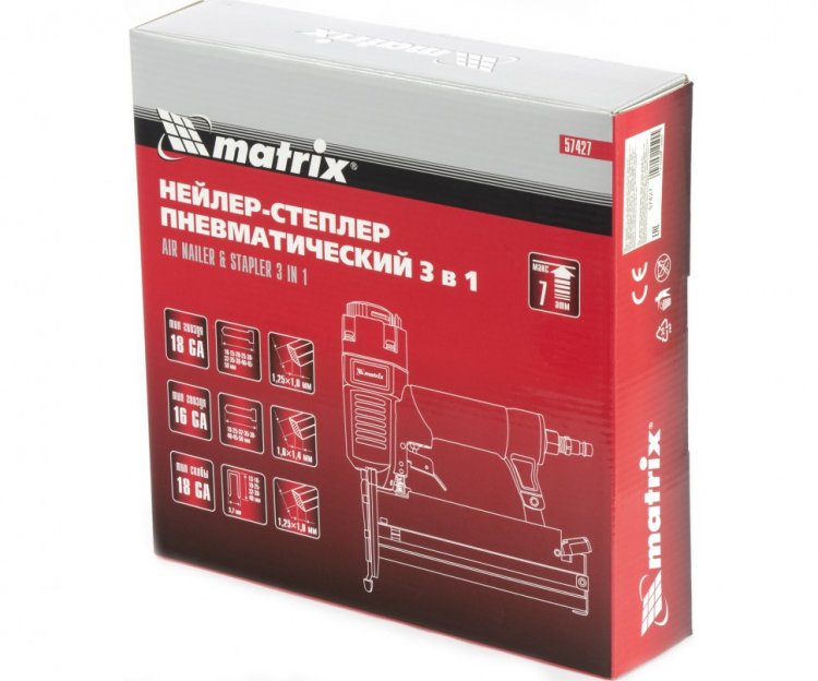 Нейлер-степлер пнев. 3 в 1, с рег. глуб., гвозди 18GA, гвозди 16GA, скобы 18 GA// Matrix