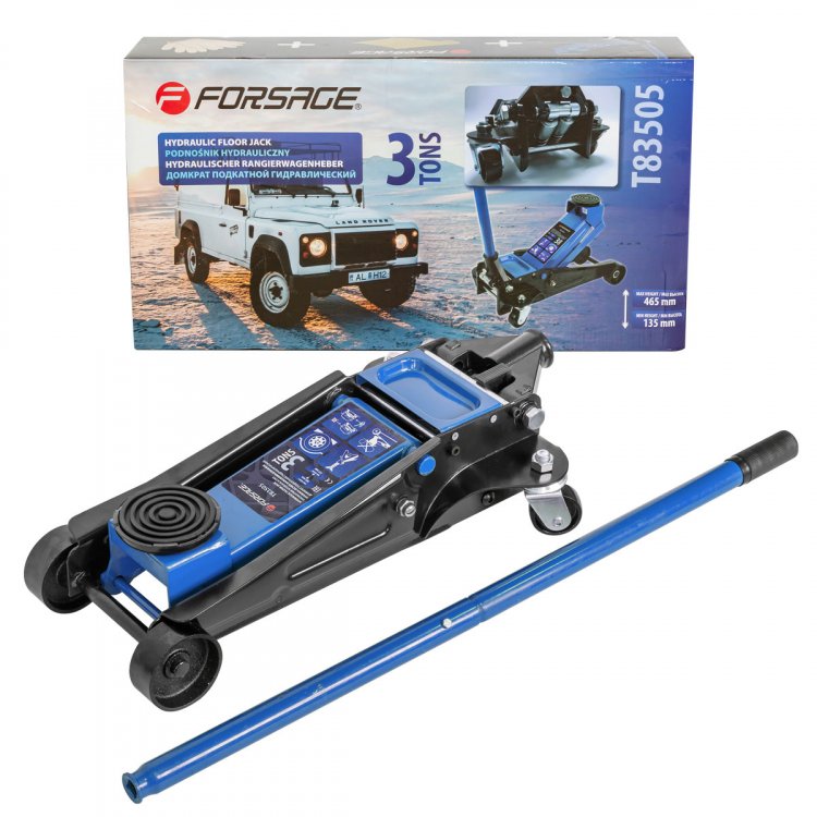 Домкрат подкатной гидравлический 3 т с резиновой накладкой и аксессуарами(перчатки, салфетка из микрофибры 40х30см,  2 поршня,h min135мм,h max465)