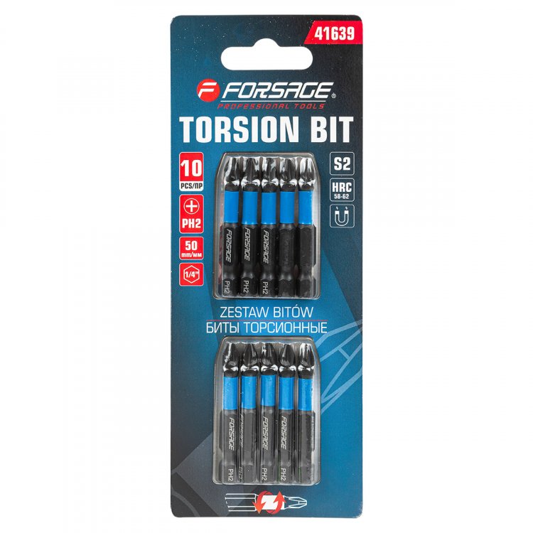 Биты торсионные магнитные крестовые РН2х50мм, 1/4" (10шт.), в блистере