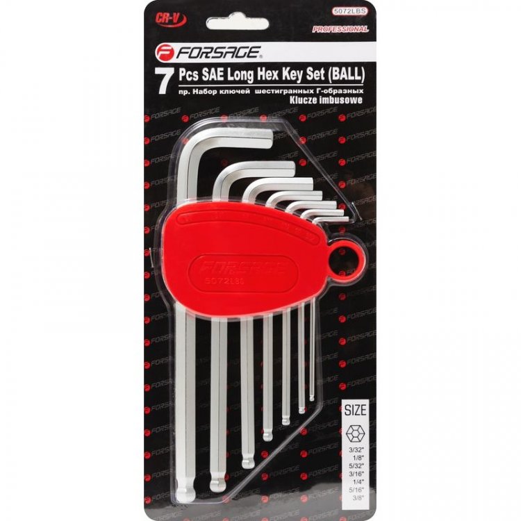 Набор ключей Г-образных 6-гранных длинных с шаром, 7пр.(3/32", 1/8", 5/32", 3/16", 1/4", 5/16", 3/8") в пластиковом держателе