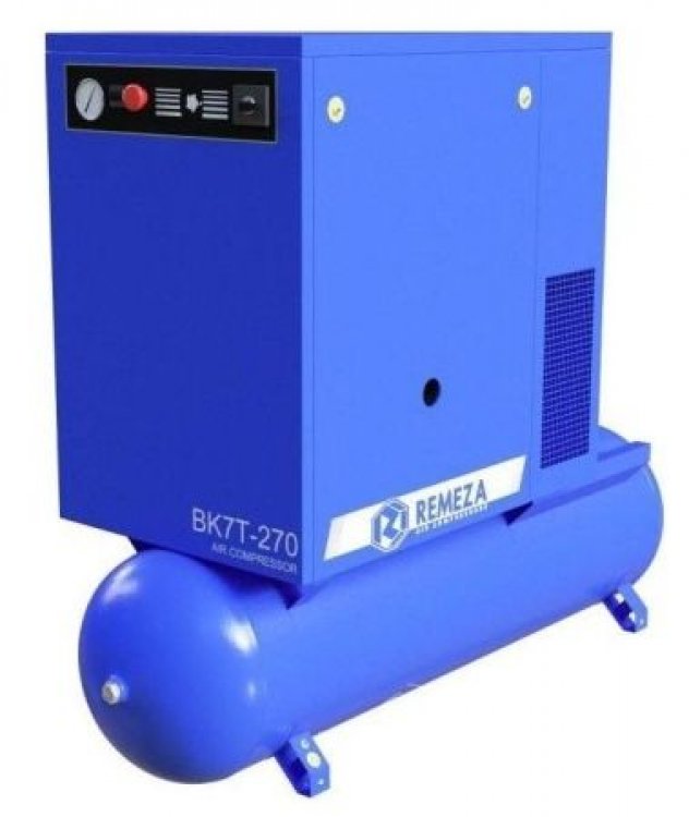 Винтовой компрессор ВК7Т-10-270, ресивер 270 литров , производительность 700л/мин,  рабочее давление 10 бар, мощность двигателя 5,5кВт, вес 320 кг, габариты 1700х680х1500мм. REMEZA, Республика Беларусь