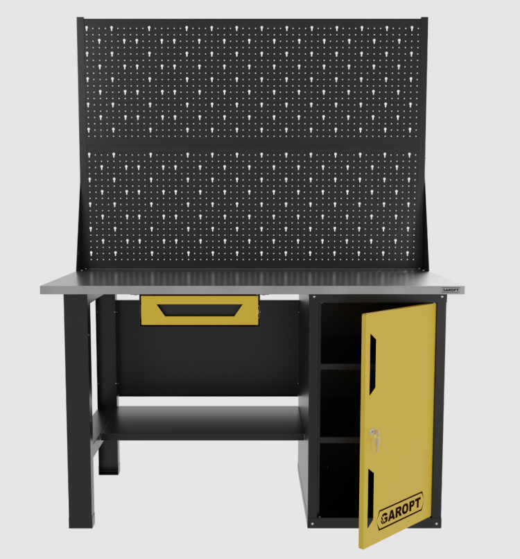 Верстак однотумбовый с ящиком и двумя экранами 1400*700 GAROPT желтый, GT1400STDY1PP2.yell