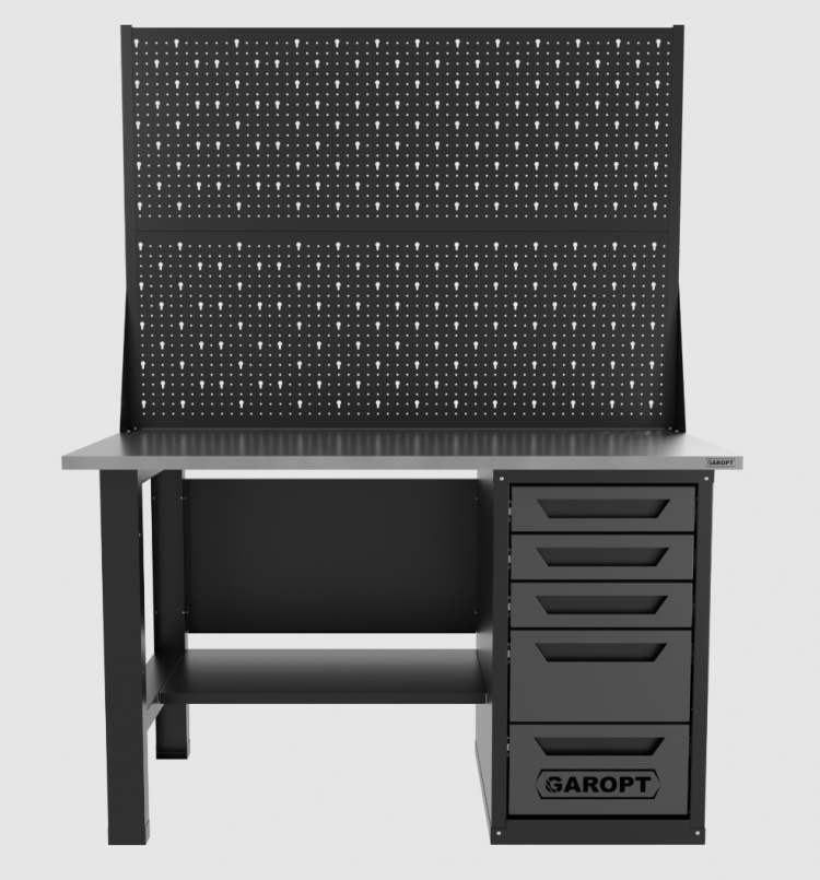 Верстак однотумбовый 5 ящиков с двумя экранами, серый 1400*700 Garopt, GT1400STY5PP2.grey