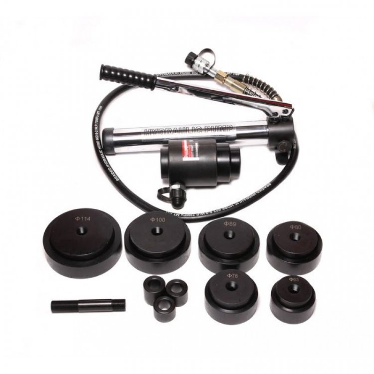 Пробойник гидравлический с насосом15т(Ø63, 76, 80, 89, 100, 114мм; сталь нерж.-2мм; медь/алюм.-4мм,ход штока-22мм),в кейсе