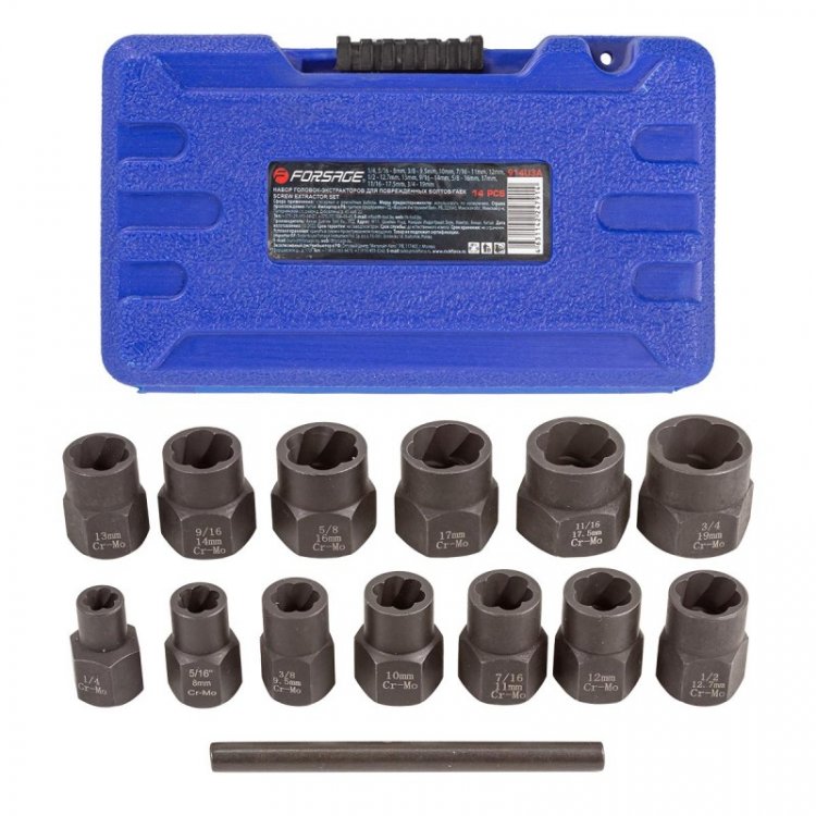Набор головок-экстракторов для поврежденных болтов/гаек,14пр. 3/8''(6.5,8,9.5,10,11,12,12.7,13,14,16,17,17.5,19мм) в кейсе Набор головок-экстракторов для поврежденных болтов/гаек,14пр. 3/8''(6.5,8,9.5,10,11,12,12.7,13,14,16,17,17.5,19мм) в кейсе