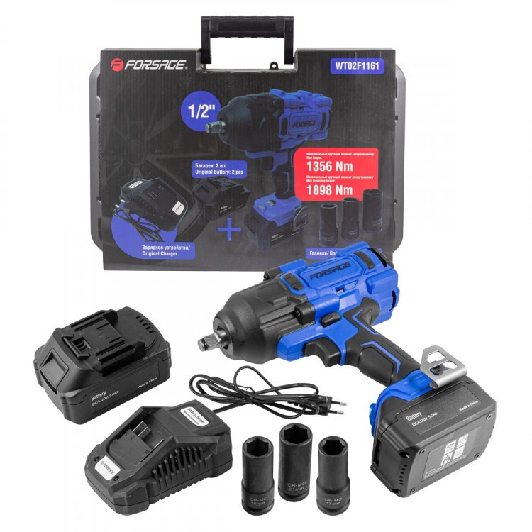 Гайковерт ударный аккумуляторный 1/2"+набор головок ударных глуб.17,19,21мм(2 БАТАРЕИ,20V,5.0AH LI-ION,1550об/мин,3 реж.усилия:130,400,1356Нм),в кейсе