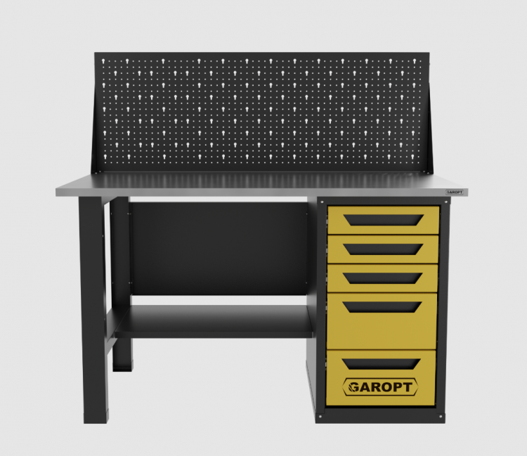 Верстак однотумбовый 5 ящиков с экраном, желтый 1400*700 Garopt, GT1400STY5PP.yell