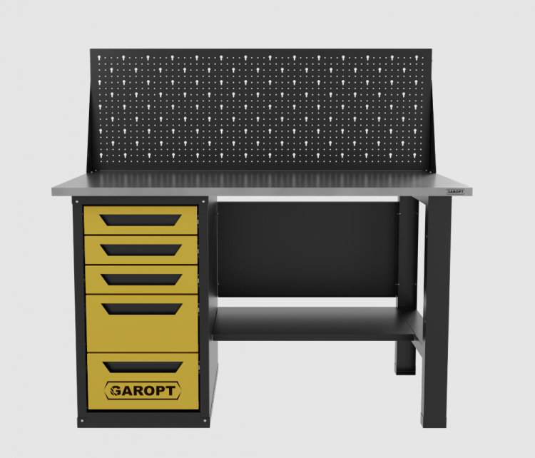 Верстак однотумбовый 5 ящиков с экраном, желтый 1400*700 Garopt, GT1400STY5PP.yell