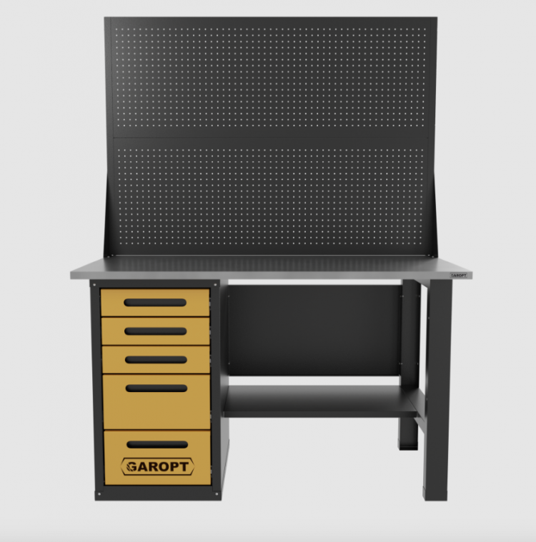 Верстак однотумбовый 5 ящиков с двумя экранами, желтый 1400*700 Garopt, GT1400STY5PP2.yell