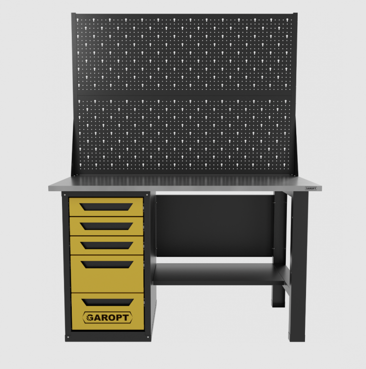 Верстак однотумбовый 5 ящиков с двумя экранами, желтый 1400*700 Garopt, GT1400STY5PP2.yell